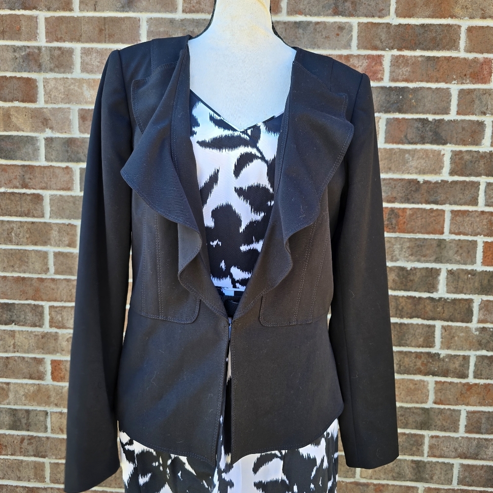 White House Black Market Black Ruffled Blazer Size 14 Career Office Chic Jacket